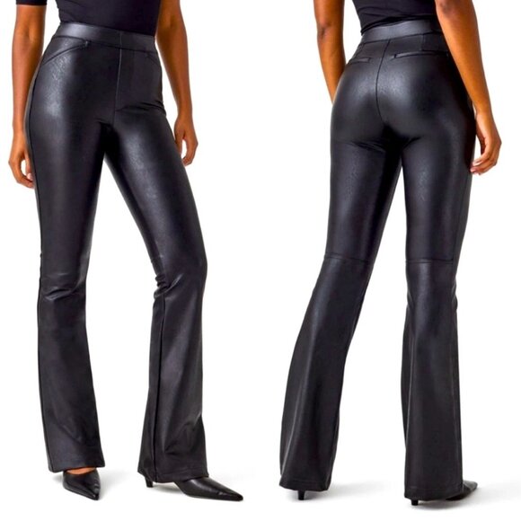 Spanx Leather Like Flare Leg Stretch Pull On Luxe Black Pants - Picture 1 of 16